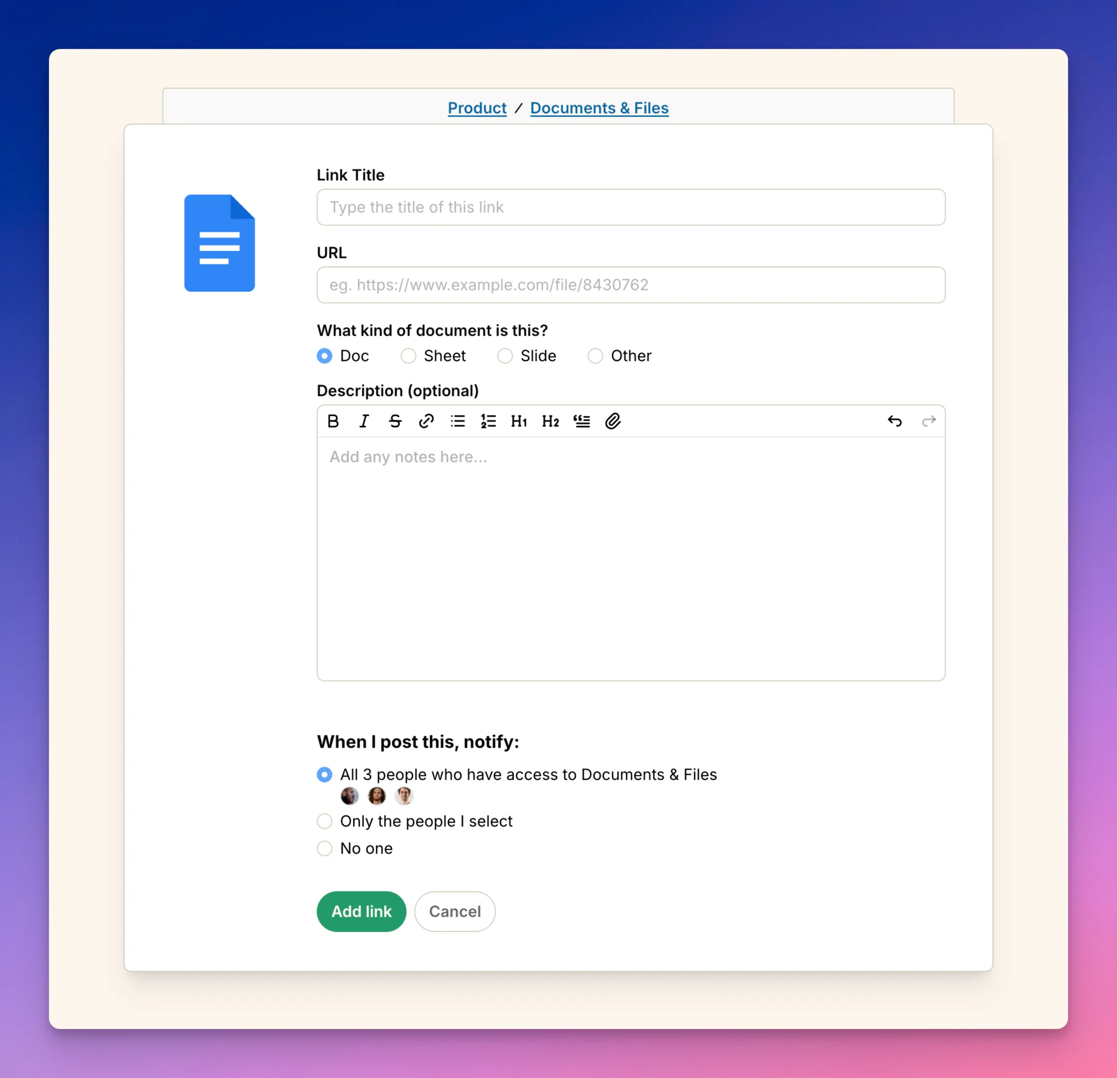 Screenshot: Adding an external link to a space